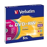 Verbatim DVD+RW 4x Colours 4.7GB I 5er Pack Slim Case I DVD Rohlinge beschreibbar I 4-fache Brenngeschwindigkeit & Hardcoat Scratch Guard I DVD leer I Rohlinge DVD wiederbeschreibb