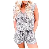 STOREYH Leopard Jumpsuit Damen Bequem Luftig Chiffon Weste Short Spielanzug Frauen Elegant Sommer Spitze Lace Romper Playsuit Boho Loose Rüsche Ärmellos V-Ausschnit Kruz Spielanzug F