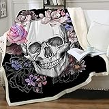 Kuscheldecken Gothic Rose Skelett Totenkopf Sherpa Wohndecken 150x200 cm Dicke Decke Winter warm Sofadecken Vlies Decke Skull Motiv Flanell Bettdecke Schlafdecke für Erw