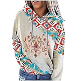 MOKBAY Damen Pullover Langer Hoodie Geometrischer Print Pullover Langarm Netter Western Color Block Pullover Kordelzug Sweatshirt Sweatshirt Oversized Hoodie Damen Pullover Damen Lang W