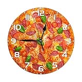 Köstliche italienische Pizza mit Salami Runde Wanduhr, leise, Nicht tickende Uhr Art Home Decor Batteriebetrieben für Wohnzimmer, Küche, S