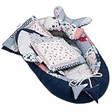 Solvera_Ltd 5tlg. Baby Ausstattung-Set inkl Babynest 90x50 herausnehmbarer Einsatz Flachkissen Krabbledecke Schmeterrling-Kissen für Babys 100% Baumwolle (Patchwork/Blau)