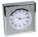 dekojohnson Moderne Standuhr Tischuhr stehende Uhr aus Metall mit Brillianten Wohnzimmer Schlafzimmer Küchen-Uhr Silber weiß 20x20cm eckig