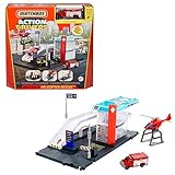 Matchbox GVY83 - Notrettung Spielset mit 1 Krankenwagen im Maßstab 1:64 und Hubschrauber mit Transportmöglichkeit für Fahrzeuge, für Kinder ab 3 Jahren, Mehrfarbig