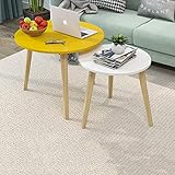 XBAOMING Beistelltisch, Runde Couchtische 2 Runde Satztisch-Sets Nachttisch in Holzoptik Für Schlafzimmer Couchtisch Für Wohnzimmer,White Yellow