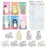 DUGYIRS 225 Stück Katze Briefpapier Set Kreative Katze Gel Stift Nette Katze Haftnotizen Katze Büroklammer Papier Memo Clips für Katze Liebhaber Zuhause Büro Schule Frauen Kinder Geschenk