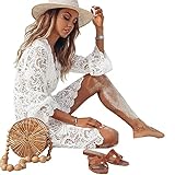MAHUAOYIXI Sommer Boho Damen Sexy Rückenfrei Spitze Bikini Kurze Strandkleid Spitze Häkelkleid Schwarz/Weiß Urlaub Strand Langarm Sonnenschutz Feminine Cover Up. (White, L)