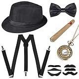 Sinoeem 1920s Herren Accessoires Inklusive Panama Gangster Hut Verstellbar Elastisch Hosenträger Herren Halsschleife Fliege Taschenuhr und Plastik Zigarre (Schwarz)