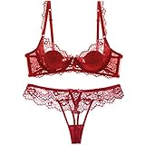 JIANXINlh Dessous-Set für Damen, Tangas, sexy Bralette mit Bügel, Push-Up-BH, durchsichtiger BH, Spitzenbralette, durchscheinende BHs (Farbe: Rot, Größe: 70B/70B)