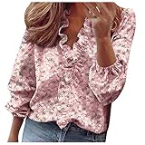 T-Shirt Top Damen Sommer Rüschen V-Ausschnitt Kurzarm Solid Print Casual (XL,Lange Ärmel-rosa)