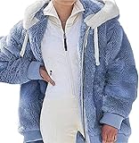 Yokbeer Damen Plüschjacke Kapuzenjacke Mantel Wintermantel Warm Strickjacke mit Kapuze und Taschen,Offene Vorderseite (Color : Blue, Size : XXL)