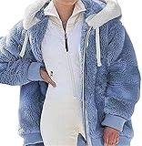 Yokbeer Damen Plüschjacke Kapuzenjacke Mantel Wintermantel Warm Strickjacke mit Kapuze und Taschen,Offene Vorderseite (Color : Blue, Size : XXL)