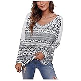 Folsky Damen Weihnachten Gedruckt Langarm V-Ausschnitt Spleißen Gedrucktes Loses T-Shirt Top Pullover Pullover Tunika Top Basic Base Top