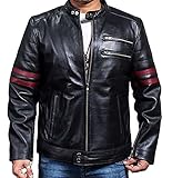 HiFaved Fight Club Brad Pitt Hybrid Mayhem Retro Red Candy Stripes Schwarz Lederjacke, Black With Red Stripes / Real Leather, L