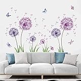 TOARTI 54 Pcs Groß Wandtattoo Löwenzahn,Lila Wandsticker für Kinderzimmer Mädchen,Wandtattoo Pusteblume für Schlafzimmer,Schmetterling Pflanzen Blumen Wandaufkleber für Babyzimmer Wohnzimmer Wanddek