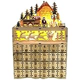 Vssictor 2021 3D Adventskalender - Weihnachten Holz Adventskalender mit LED-Beleuchtung 24 Schubladen für Kinder Weihnachtsdekoration, ausziehbare Datumsboxen LED Dorfhaus Santa Countdow