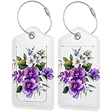LINGF Pansy Perfection Leder-Gepäckanhänger,Gepäckanhänger,PU-Leder-Datenschutzhülle ID-Etikett mit Edelstahlschlaufe 4-teiliges S