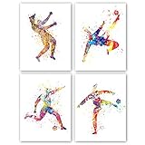 KAIRNE 4er Set Aquarell Fußball Poster, Kunstdruck fürs Schlafzimmer, Fußball Bilder Leinwand, Kinderbilder Junge, Abstrakt Sport Wandkunst Bild für Teenager Wohnzimmer Kinder Schlafsaal Dek