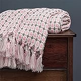 UKKO Kuscheldecke Gestrickte Decke Massivfarbe Sofa Wurfdecke Mit Quasten Reise Tv Nap Decken Klimaanlage Decken Bett Dekorativ-Pink and Grey,130X150C