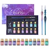 Federhalter aus Glas,Handmade Kristall Schreibstift mit 12 bunten Tinten für Kunst, Unterschriften, Kalligraphie, Zeichnung,Dekoration, Geschenk für Anfänger und Kü