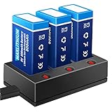 9V Akku, Maxlithium 3 Stück 800mAh PP3 Li-Ion 9V Batterie Wiederaufladbare mit Ladegerät, USB Ladekabel für Tastatur Mikrofon R