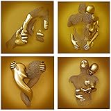 YWSM 4pcs Love Heart 3D Effect Wall Art,Grey Abstract Metal Figure Sculpture Canvas Painting Hanging Painting Printing Core,Valentine's Day Gift Beautiful and Elegant for Hotel (Gold,60cm)