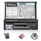 Hikity Autoradio mit Navi Bluetooth Freisprecheinrichtung Autoradio mit 7 Zoll Bildschirm 1Din Manuelle Ausfahrbarem Display Touchscreen FM Radio BT/AUX/USB/TF/Mirror Link + Rückfahrk