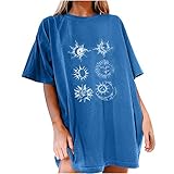 Kurzarm T-Shirt Damen Oversize Vintage Tshirt Teenager Mädchen Retro Shirts Sonne und Mond Drucken Bluse Locker T-Shirt Herren Rundhals Sommer Oberteile Sexy Lang Sport Tshirt Wilde Kerle T