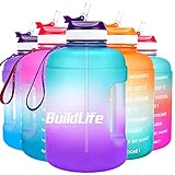 BuildLife 2,2 l motivierende Wasserflasche mit breiter Öffnung mit Strohhalm und Zeitmarkierung für tägliches Trinken, BPA-frei, wiederverwendbar, für Fitnessstudio(Grün/Violett Farbverlauf, 2.2L)
