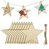 MELLIEX 40 Stück Holz Deko Hängesterne, DIY Basteln Holzanhänger Dekohänger zum Bemalen mit 40 Stück Fäden für Weihnachtsschmuck Weihnachtsanhänger Baum Geschenkanhäng
