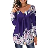 HUBA Oberteile Damen Langarmshirt Pullover Elegant V-Ausschnitt Knopfkragen Bedruckte Longsleeve Lose Sweatshirt Longshirt Tshirt Bluse Tunik