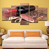 Leinwandbild Wandkunst Bilder Trockenfleisch-Rotweinkäse Poster Malerei 5 Stück Drucke auf Leinwand Moderne Wohnzimmer Wohnkultur enthält 150x80cm Rahmen G