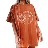 Damen Tshirt,Oversize Tshirt Lang Damen Vintage Kurzarm Tshirt Retro Shirts Sonne und Mond Drucken Bluse Locker T-Shirt Herren Rundhals Sommer Oberteile Sexy Sport Tshirt Wilde Kerle T