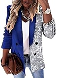 seiveini Damen Blazer Elegant Anzugjacke Zweireihig V-Ausschnitt Kurz Anzüge Mantel Geschäft Outwear Fit Jacke Business Suit Langarm Blouse Blau S