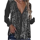 Damen Blusen & Shirts Glänzend Pailletten Top Langarmshirt Glänzend Pailletten Shirt Casual Pullover Tops Workout Bluse Lose Bequem Basic T-Shirt, Schwarz , XXL