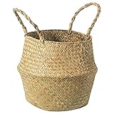 Seegraskorb,Abbaubar Material Handgewebt Korb Geflochten Mit Griff,Rattan Dekoration Körbe Aufbewahrung Für blumenübertopf wäschekorb Picknick Einkaufstasche(L)