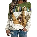 Langarmshirts Damen T-Shirt 3D Katzendruck Tunika Lässiges Rundhals Sweatshirt Frauen Langarm O-Ausschnitt Pullover Herbst Winter Bluse Tops Ob