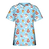 Graceyo Damen Weihnachten Arbeitskleidung Uniformen V-Ausschnitt Pflege Kasack Schlupfkasack Kurzarm Berufskleidung Atmungsaktiv Krankenpfleger mit Bunt Motiv Weichen Bluse Pfleg