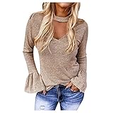 DQANIU Damen Wintermode Schlanke Hornhülse Bedrucktes T-Shirt Top Bluse Sexy V-Ausschnitt Solide Schlanke Elegante Damen Pullover B