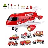 Jenilily Feuerwehr Flugzeug Spielzeug Auto mit Sirene und Licht Kleinkind Transporter Spielzeugautos Set Kinder Jungen ab 3