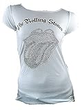 Amplified Damen Lady Viskose Tunika T-Shirt Weiss White Official The Rolling Stones Merchandise Silber Strass Zunge Silver Diamante Lick Rock Star Vintage Nähte Aussen VIP Rockstar M 40