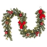 Adeeing Girlande Weihnachten 6ft Weihnachtsdekoration Kunstpflanze Rattan mit 20 Warmweißen LEDs-Beleuchtung Hängende Ornamente Weihnachtsbaum Deko(Rote Schleife)