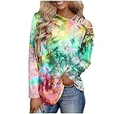 Bluse Basic Lose Tshirts Für Frauen Frühling Oberteile Tie-Dye-Druck Langarm Trägerlos Tops Mode Damen Hemd Bluse Lose Dünnes Langarmshirt Tunic Tops Tuniken Lange Ärmel Tee Tops(Grün,L)