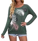 Vthereal Damen Pullover Oversize Langarmshirt Casual Sweatshirt Tunika Langarm Tops mit Druck Feder, Grün, XXL