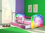 Clamaro 'Fantasia Pink' 160 x 80 Kinderbett Set inkl. Matratze, Lattenrost und mit Bettkasten Schublade, mit verstellbarem Rausfallschutz und Kantenschutzleisten, Design: 18 Einhorn Regenbog