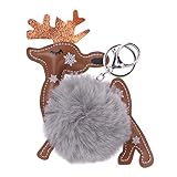 ABOOFAN Schlüsselanhänger mit Weihnachts-Elch-Pompon-Motiv, zarte, entzückende flauschige Kugel-Schlüsselanhänger, Handtaschen-Anhänger (hellgrau)