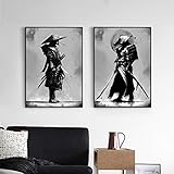 WKHRD Schwarzweiss Japan Samurai Porträt Wandkunst Bushido Leinwand Gemälde Japanische Krieger Leinwand Druck Poster für Wohnzimmer / 60x80cmx2-kein R