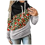 Eaylis Damen High Neck Stitching Christmas Drawstring Print Langarm-Kapuzen-Sweatshirt, Freizeit Langarmshirt Pullover Teddy-Fleece Plüsch Kapuzenpullover Pulli Streetwear Langarm Sweatshirt H