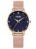 Alienwork Armbanduhr Damen Rose-Gold Metall Mesh Armband Edelstahl schwarz echtes Marmor Zifferb