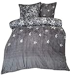 Leonado Vicenti - 3 TLG. Warme Winter Bettwäsche 200x220 cm / 2X 80x80 cm Sterne Grau Galaxy Fleece gestreift modern Schlafzimmer Garnitur Set Bezug Deck